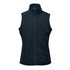 A women's fleece vest in dark navy, featuring a zip front and two side pockets, with a logo on the chest.