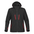 A black softshell jacket with red zippers and a hood, featuring two front pockets and a logo.