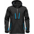 A black softshell jacket featuring bright blue zippers and a hood, with multiple zip pockets and a branding logo.