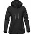 A women's black softshell jacket featuring a hood, zippered pockets, and a logo on the sleeve.