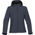 A women's softshell jacket in dark navy, featuring a hood and multiple zippered pockets, with a logo on the sleeve.