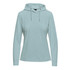 A women's pullover hoody in a soft mint green colour, featuring a hood and long sleeves. It has a logo.