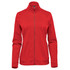 A red women's performance jacket with a high collar and zippered front, featuring a logo on one side.