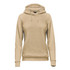 A beige women's fleece pullover hoodie with a hood, featuring a front pocket and a logo.