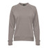 A grey women's crew neck fleece jumper with long sleeves and a ribbed hem, featuring a logo.