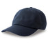 A navy blue dad hat made from organic and recycled cotton, featuring a logo on the front.