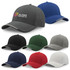 A set of eight caps in various colours, including grey, blue, green, black, navy, red, and white, featuring a logo.