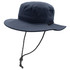 A navy blue brim and bucket hat with a chin strap and a logo.