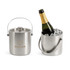 A stainless steel ice bucket with a bottle and ice inside. It features a handle and a logo on the front.
