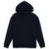 A navy hoodie with a hood, long sleeves, and a front pouch pocket. It features a logo.