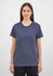 A women's short sleeve tee in navy blue, featuring a simple design and a logo on the label.