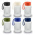 A drink bottle collection featuring clear glass designs with various coloured lids: black, cream, red, green, navy, and blue.