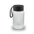 A drink bottle with a clear glass body and a black lid, featuring a flexible handle.