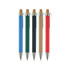 A collection of five recycled cardboard pens in blue, green, black, brown, and red with silver accents.