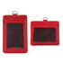 A red PU leather card holder featuring two sections with transparent windows for cards. It includes a metal ring.