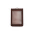 A brown leather ID card holder with a clear front window and a loop for attachment.