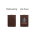 A brown PU leather ID card holder with debossing on one side and a colourful UV print design on the other.