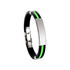 A silicone bracelet featuring a glossy black band, green accents, and a shiny metallic clasp.