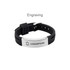 A metal strap bracelet with a silver metal plate and a black rubber band, featuring an engraved design.