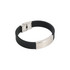 A black rubber bracelet with a polished stainless steel buckle latch and an engraving surface.
