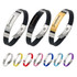 A set of metal folding lock clasp bangles in silver, black, gold, yellow, pink, blue, and purple. Each has a logo.