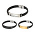 A leather twine bracelet featuring a braided black design with metal accents in silver, gold, and black. It includes a logo.
