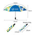 A light mini auto umbrella featuring a blue canopy with colourful patterns, packed in a matching case. Dimensions included.