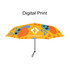 A small umbrella with a vibrant yellow canopy featuring abstract shapes and a logo.