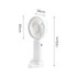 A handheld fan in white, featuring a phone stand attachment. Dimensions are 36cm diameter and 90cm height.