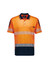 A short sleeve polo in bright orange with navy accents and segmented reflective tape, featuring a pocket and logo.