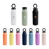 A drink bottle collection featuring various colours including white, green, black, orange, navy, pink, and purple, with logos.