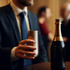 A drink bottle and a sleek silver 150ml vacuum champagne flute held by a person in a suit, set against a blurred social background.