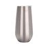 A drink bottle in a sleek silver stainless steel design, featuring a lid and a curved shape.