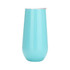 A drink bottle in a bright turquoise colour with a stainless steel lid and sleek design. It features a logo.