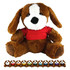 A brown plush dog with floppy ears, wearing a red shirt, seated among smaller plush dogs in various colours.