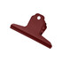 A red metal binder clip with a rounded top and a hole for easy attachment, featuring a minimalist design.
