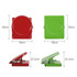 Four metal magnetic clips in red and green, shown from various angles, with dimensions stated in centimetres.