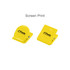 A pair of bright yellow metal magnetic clips with a logo, one circular and one rectangular.