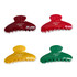 Four acetate hair clips in red, yellow, green, and burgundy, featuring a logo on each clip.