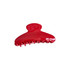 A red acetate hair clip with a smooth, glossy finish and multiple grip teeth. Features a branding logo.