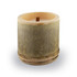 A bamboo candle in a cylindrical holder, featuring a wooden wick and a light-coloured wax interior.