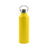 A drink bottle made of recycled stainless steel, featuring a bright yellow finish and a silver steel lid with a handle.