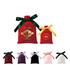 Various drawstring gift bags in red, purple, black, pink, and white with decorative ribbons. Some feature festive designs.