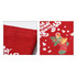 Red drawstring gift bags featuring festive designs, including Christmas stockings, trees, and a logo.