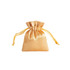 A silk satin drawstring bag in a soft golden hue with matching drawstrings. It features branding.