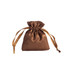 A brown silk satin drawstring bag with a gathered top and ribbon ties.