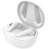 White wireless earbuds in a compact charging case, featuring a sleek design and a logo on the case.