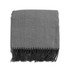 A grey herringbone throw blanket with fringe detailing, neatly folded. It has a subtle pattern and a soft texture.