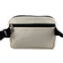 A beige cotton belt bag with a black zipper and adjustable strap, featuring a logo on the front.