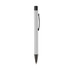 A metal pen in white with a black clip and tip, featuring a simple and sleek design.
